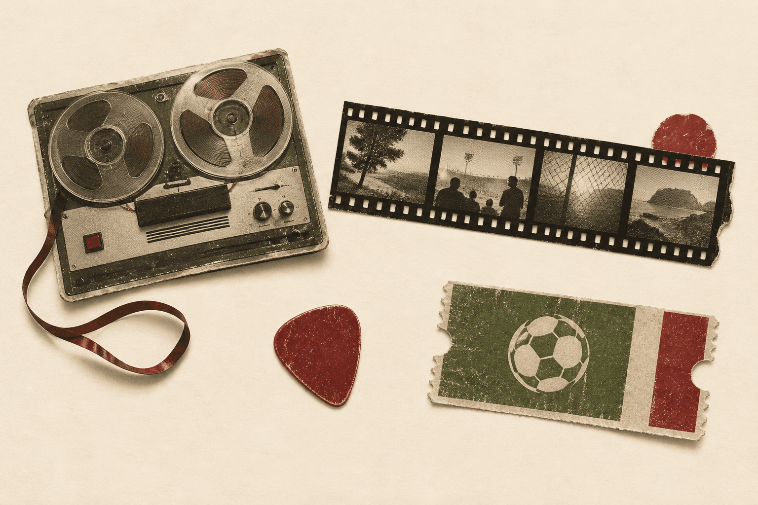 An illustrated personal archive: tape recorder, film strip, guitar pick and football ticket